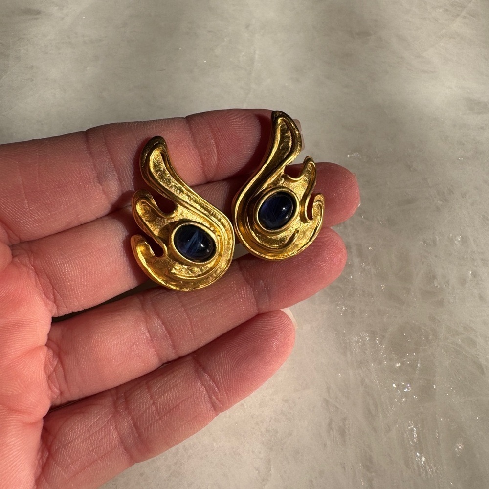 Vintage Gold and Blue Sculptural Statement Earrings